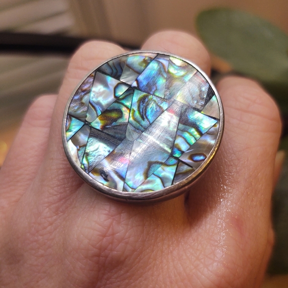 Vintage Jewelry - Vintage Oversized Sterling Silver & Abalone Signed Ring- 6.5